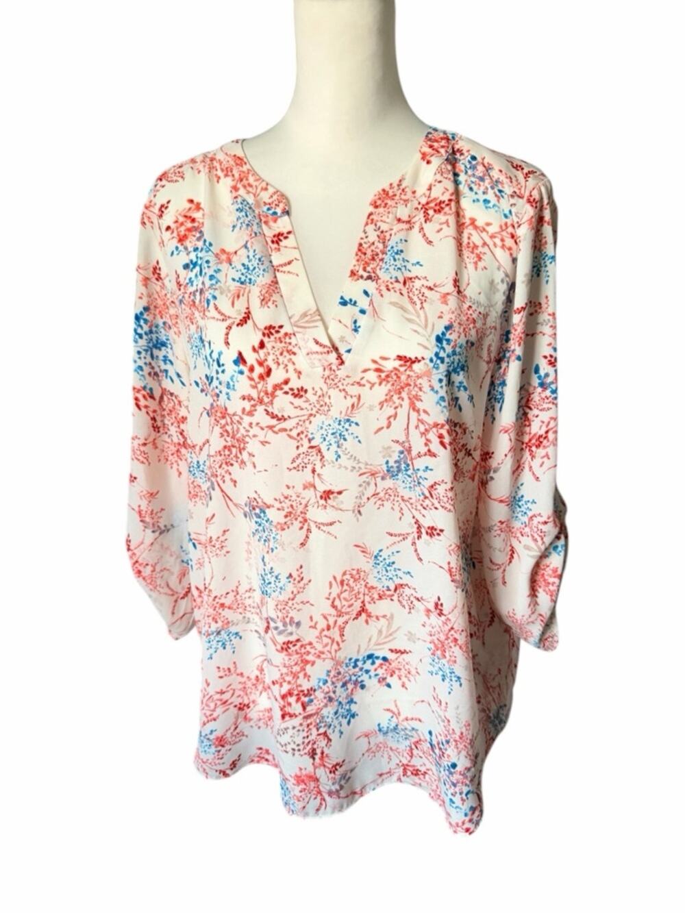 Chaus White Blouse with Coral Red Blue Botanical Print Size Large